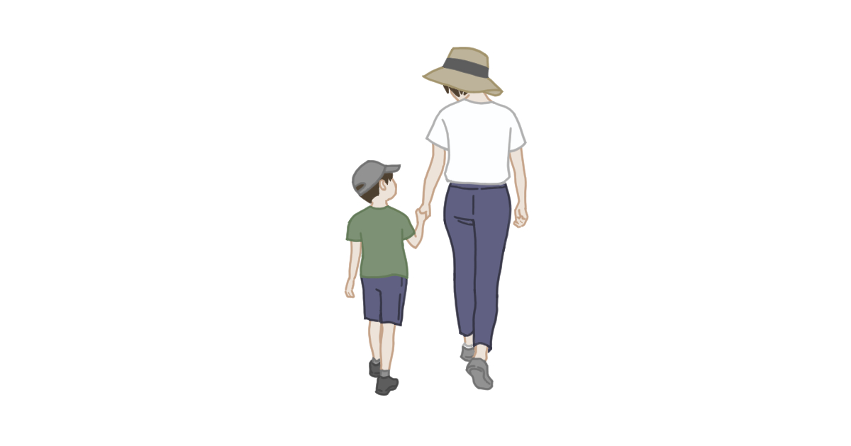 男の子と散歩する女性のイラスト